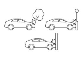 Car crash, accident of transport, line art icon set. Collision with an obstacle tree, lantern, wall. Frontal collision. Vector outline illustration