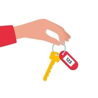 Hand Holding the Car Key. Modern hotel door lock key with room number badge. Vector illustration in flat design.