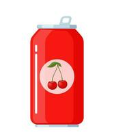 Soft cherry drink can. Soda drink aluminum red can. Vector illustration.