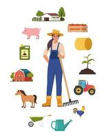 Farmer character and different farm elements. Woman farmer, barn, horse, fertilizer, haystack, cart, crop, pitchfork, watering can, plant. Set of elements on farm theme. Vector illustration.