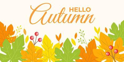 Banner with autumn maple leaves, twigs and berries. Vector illustration. Plant background with nature elements. Hello Autumn text design.