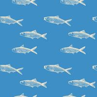 Fish Sardine seamless pattern. Background with pilchard drawing. Hand drawn seafood decorative ornament for packaging design, label, print, backdrop, card, template. Vector illustration design element