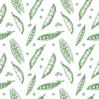 Pea plants seamless pattern. Background with peas and grains drawing. Hand drawn decorative ornament for packaging design, label, print, backdrop, card, template. Vector illustration design element