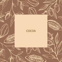 Cocoa label template background for text. Hand drawn cocoa bean, leaves, cocoa tree plant, vector illustration. For label, logo, emblem, packaging, card, print, wrapping. Organic food and ingredient
