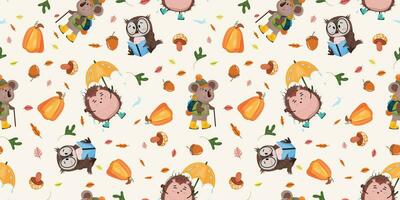 Autumn seamless pattern with koala, owl and hedgehog enjoying the autumn vector