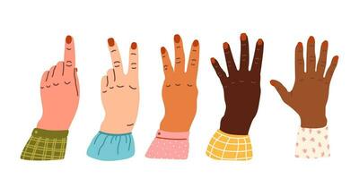 Hands count, counting on the fingers Hand gesture vector illustration isolated. Numbers on the hands. Hand smudge. different nationalities races Diverse society Cartoon style