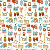 Valentines day vector seamless pattern. Gift, heart, balloon, kiss, key, candy, and other elements texture. Romantic Cartoon love wedding background