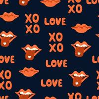 Love XOXO handwritten phrase, red female lips vector seamless pattern. Cartoon Valentines day Romantic texture background