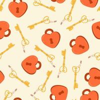 golden key and Red heart shape lock with keyhole symbol of love and marriage vector seamless pattern. Valentines day Romantic texture background