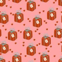 Wrapped red gift box with ribbon and red heart vector seamless pattern. Romantic valentine's day texture background