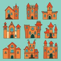 Set of castles in colored outline style. Vector illustration. Orange castle from fairy tale.