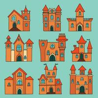 Set of castles in colored outline style. Vector illustration. Orange castle from fairy tale.