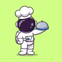 Cute Astronaut Chef Holding Cloche Food Plate Cartoon  Vector Icon Illustration. Science Profession Icon Concept  Isolated Premium Vector. Flat Cartoon Style