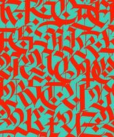 Pattern, ornament in the Gothic style. Vector. Medieval alphabet. Trendy red letters on a turquoise background. Calligraphy and lettering. Medieval Latin letters. vector