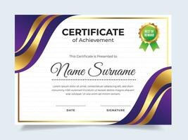 Purple gold certificate template with badge. Suitable for achievement, rewards diploma and employee vector