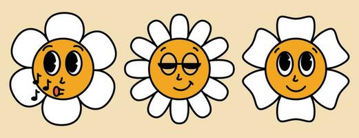 Daisy flowers with cartoon funny faces. Bloom camomile with different emotion whistling, cool, cute. Sticker pack in trendy retro. 30s, 50s, 60s vintage comic smile. Vector illustration
