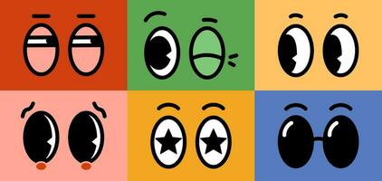 Cartoon retro character comic eyes emotions set on colored backgrounds. Vector illustration