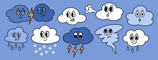 Retro cartoon clouds character with different emotion. Rain, snow, wind, thunder, lightning, tornado groovy sticker pack. Vector illustration