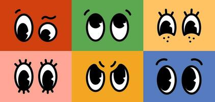 Cartoon retro character comic eyes emotions set on colored backgrounds. Vector illustration