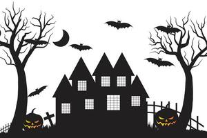 Halloween Horror Castle haunted house building silhouette vector,Black and white bat and ghost Spooky house, Scary Night Party 31 October illustration theme,trees Pumpkins tombs Witch Moon crosses vector