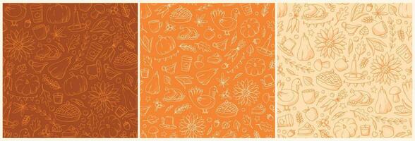 autumn and thanksgiving set of semaless patterns. Fall patterns collection with doodles for wallpaper, wrapping paper, scrapbooking, backgrounds, packaging, textile prints, etc. EPS 10 vector