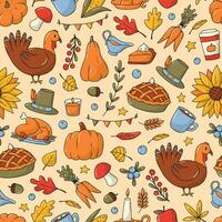 Thanksgiving and autumn seamless pattern with doodles on light yellow background for wallpaper, scrapbooking, wrapping paper, textile prints, etc. EPS 10 vector