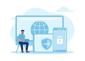 vpn Servicio a proteger datos en computadora y teléfono inteligente concepto plano ilustración vector