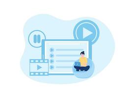 a woman sitting on a couch with a laptop and video player concept flat illustration vector