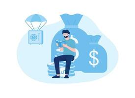 a man sitting on a stack of coins with a bag of money in the background concept flat illustration vector