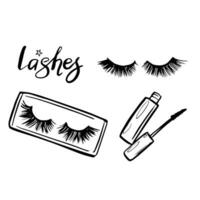 Hand drawn vector set with false eyelashes, mascara