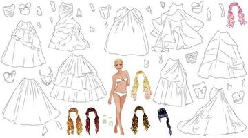 Princess Coloring Page Paper Doll with Cute Cartoon Female Character, Gowns and Hairstyles. Vector Illustration