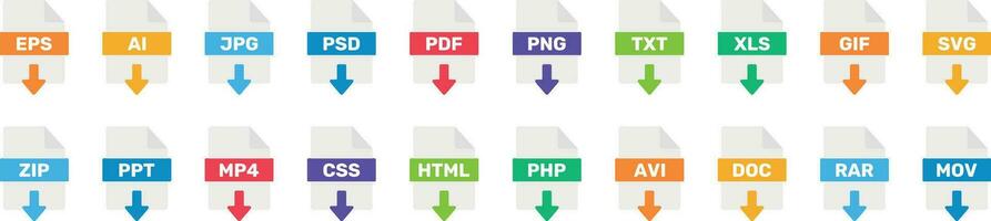 vector archivo formatos íconos recopilación. conjunto de archivo formato de documento iconos ai, eps, pdf, jpg, doc, ppt, xls, mp4, rar, cremallera, svg, html