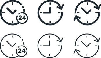 24 horas, 24-7, reloj icono. reloj icono colocar. hora reloj íconos recopilación. línea relojes símbolo aislado en blanco fondo, valores vector. vector