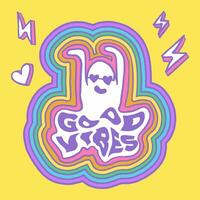 Good Vibes lettering with rainbow and ghost in wave style. A good vibes sticker design template. Vector illustration.