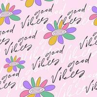 Flower Good Vibes Wallpaper on the pink Background Seamless Pattern. 90s style. Print for graphic tee, bomber vector