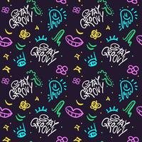 Seamless Pattern Stay Groovy retro   Wallpaper Background with smile face. 90s style. Print for graphic tee, bomber. Vector positive illustration