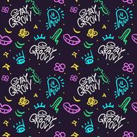 Seamless Pattern Stay Groovy retro   Wallpaper Background with smile face. 90s style. Print for graphic tee, bomber. Vector positive illustration