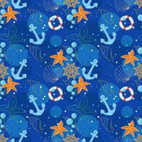 Vector seamless pattern with sea elements anchors, wheels, lifebuoy and seashells