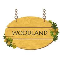 Wooden hanging oak sign of oval shape on chains. Acorns and oak leaves. Illustrated vector clipart.