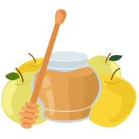 Apples with jar of honey. Symbol of Rosh Hashanah. vector