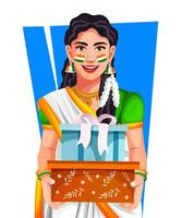 Vector of happy Indian young woman in saree holding gifts on the occasion of Independence Day. Celebrating Indian patriotic festivals