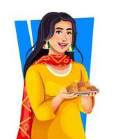 Vector of happy Indian young girl holding Indian sweets on the occasion of Independence Day. Celebrating Indian patriotic festivals with Indian sweets in hand.