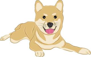 A vector image or illustration of a shiba inu dog lying down smiling and sticking out his tongue.