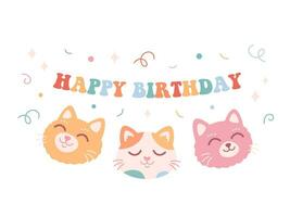 Happy Birthday greeting card with cute colorful cats. Party, celebration, confetti. vector