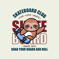 Sloth to skate cartoon character tshirt design vector