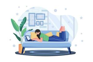 Man Laying On The Couch And Doing Work On A Laptop vector