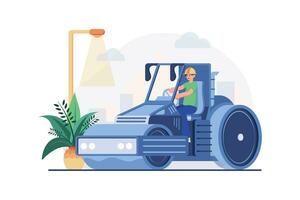 Worker Using Road Roller Makes Paving On Highway Or Street vector