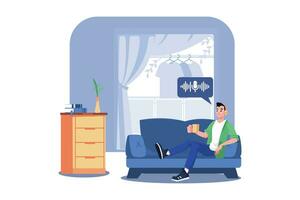 Man Listening To The Podcast While Sitting On A Couch vector