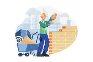 Man Builder With Trowel Laying Bricks In The Wall vector