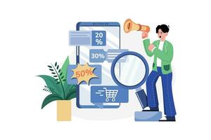 hombre buscando descuento en tienda online vector